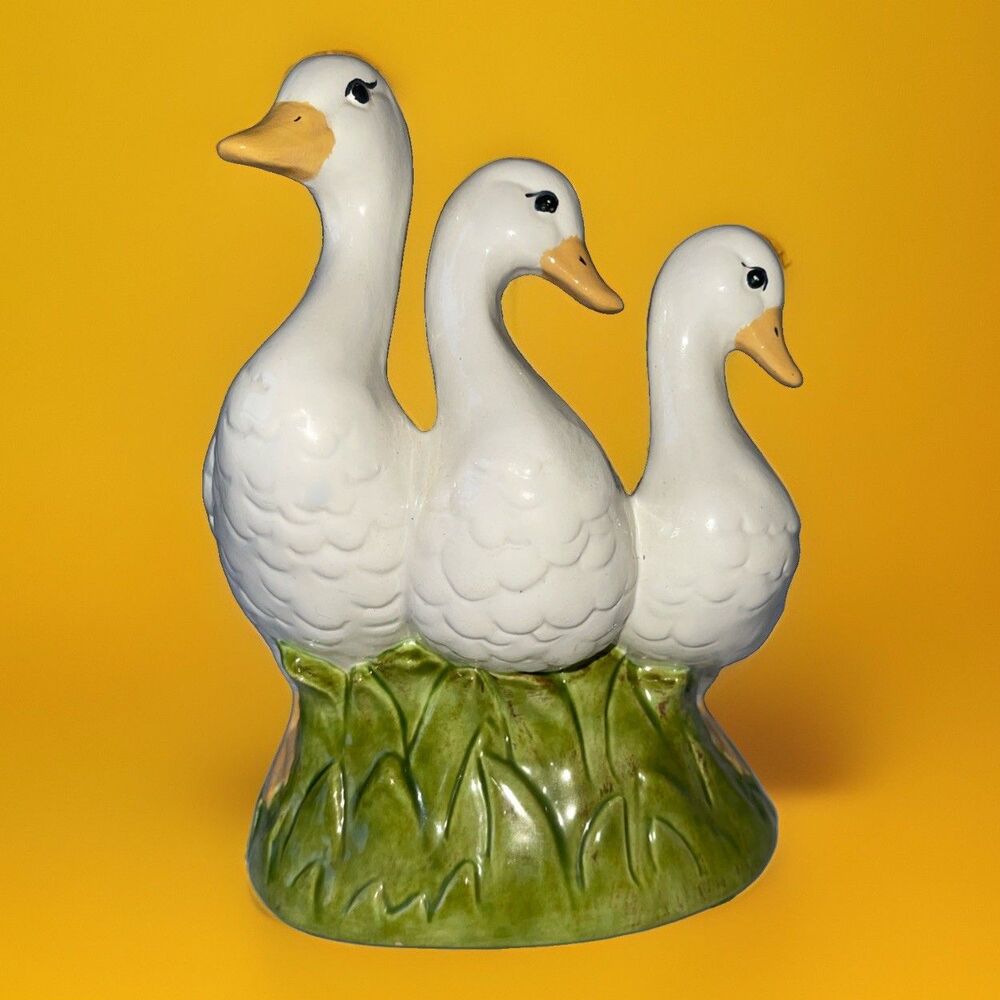 Vintage Figure Three Geese In Leaves Hand Painted Ceramic 5.5” X 7.5” Signed LK